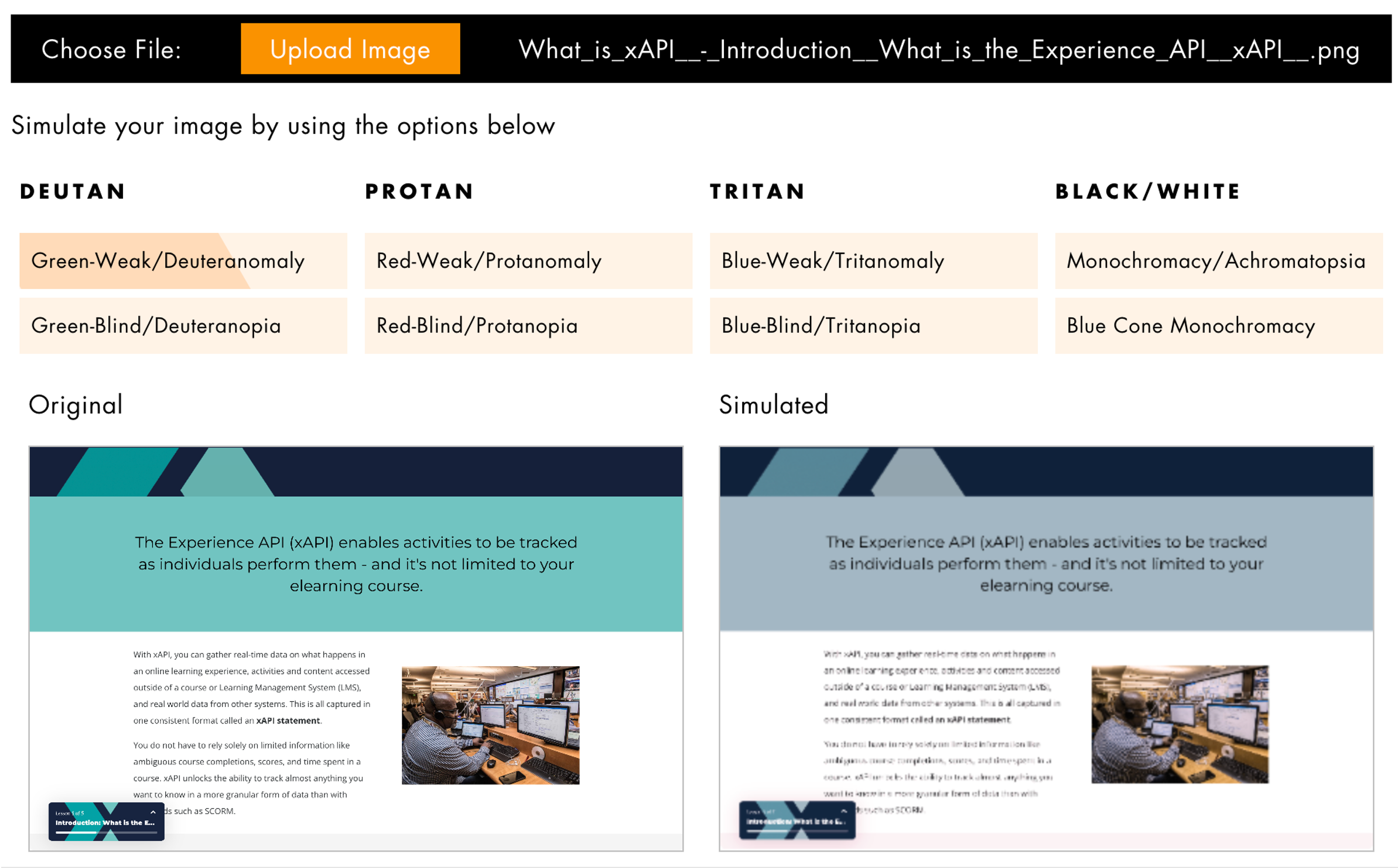 Screenshots of two eLearning courses—one with a Deutan check that shows the change in color from bright teal to a muted blue and a tritan check that shows the change in color from muted yellows and browns to shades of pink.